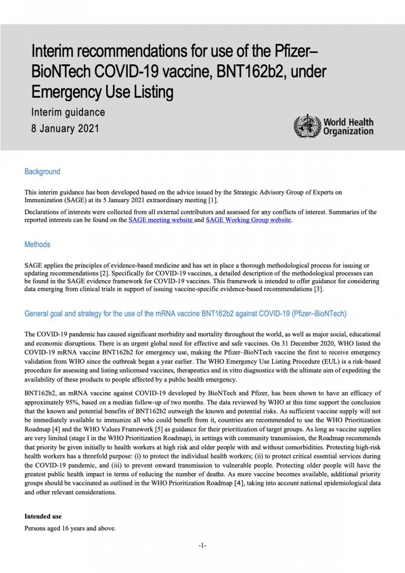 Interim recommendations for use of the Pfizer–BioNTech COVID-19 vaccine, BNT162b2, under Emergency Use Listing