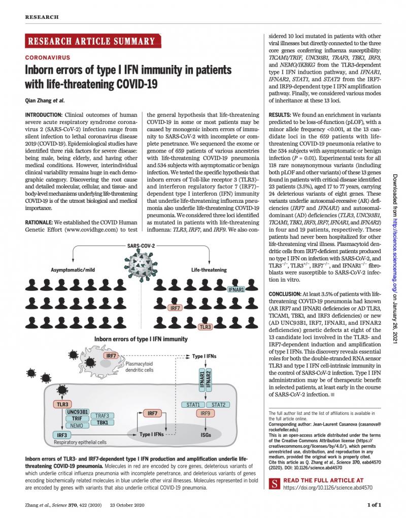 Inborn errors of type I IFN immunity in patients with life-threatening COVID-19